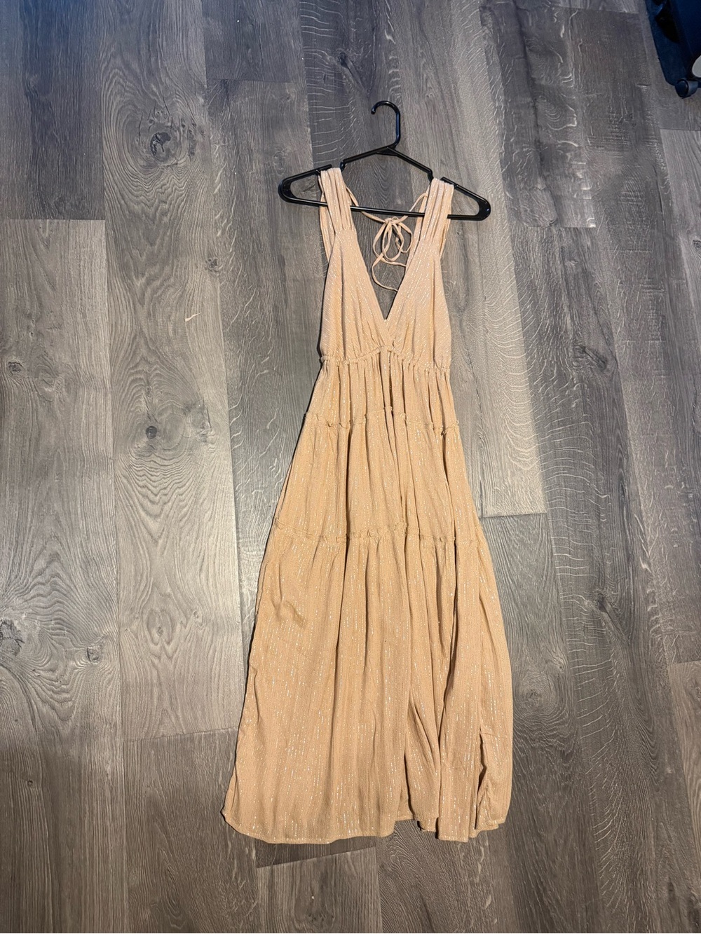 V-Neck Tiered Maxi Dress in Light Tan with Sparkles